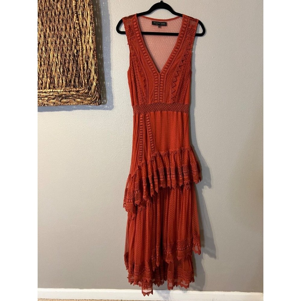 House of Harlow Sheer Tiered Maxi Dress M Medium Burnt Orange Festival - Picture 15 of 15